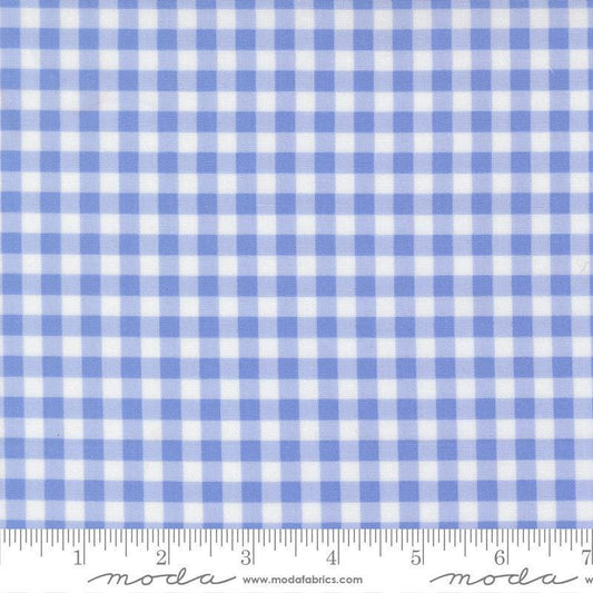 Image of Fruit Salad Gingham Light Blue quilting cotton fabric by Corey Yoder for Moda Fabrics. Features gingham on a blue background. Cute Little Fabric Shop.