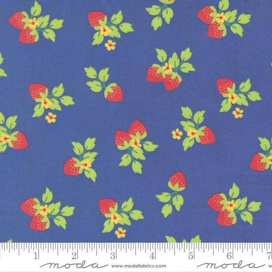 Image of Fruit Salad Strawberries Cobalt quilting cotton fabric by Corey Yoder for Moda Fabrics. Features strawberries on a blue background. Cute Little Fabric Shop.