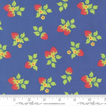 Image of Fruit Salad Strawberries Cobalt quilting cotton fabric by Corey Yoder for Moda Fabrics. Features strawberries on a blue background. Cute Little Fabric Shop.