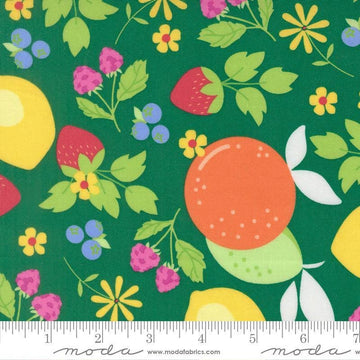 Image of Fruit Salad Fruits Emerald quilting cotton fabric by Corey Yoder for Moda Fabrics. Features fruit on a green background. Cute Little Fabric Shop.