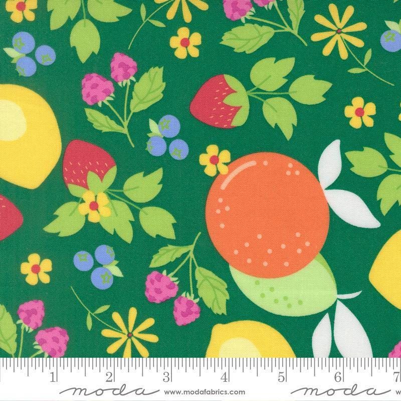 Image of Fruit Salad Fruits Emerald quilting cotton fabric by Corey Yoder for Moda Fabrics. Features fruit on a green background. Cute Little Fabric Shop.