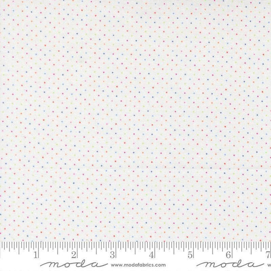 Image of Fruit Salad Dots Off White quilting cotton fabric by Corey Yoder for Moda Fabrics. Features dots on a white background. Cute Little Fabric Shop.