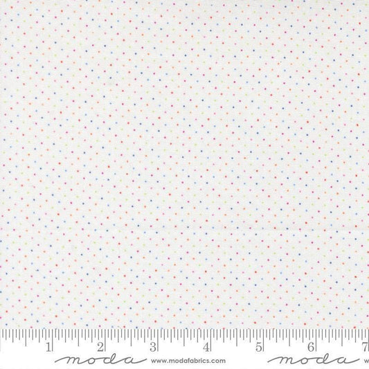 Image of Fruit Salad Dots Off White quilting cotton fabric by Corey Yoder for Moda Fabrics. Features dots on a white background. Cute Little Fabric Shop.
