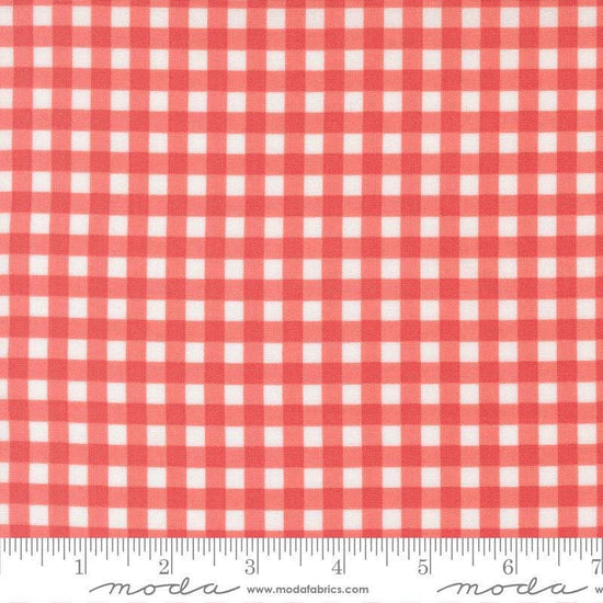 Image of Fruit Salad Gingham Flamingo quilting cotton fabric by Corey Yoder for Moda Fabrics. Features gingham on a pink background. Cute Little Fabric Shop.