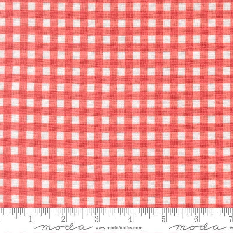 Image of Fruit Salad Gingham Flamingo quilting cotton fabric by Corey Yoder for Moda Fabrics. Features gingham on a pink background. Cute Little Fabric Shop.