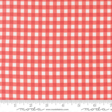 Image of Fruit Salad Gingham Flamingo quilting cotton fabric by Corey Yoder for Moda Fabrics. Features gingham on a pink background. Cute Little Fabric Shop.