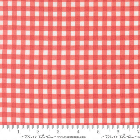 Image of Fruit Salad Gingham Flamingo quilting cotton fabric by Corey Yoder for Moda Fabrics. Features gingham on a pink background. Cute Little Fabric Shop.