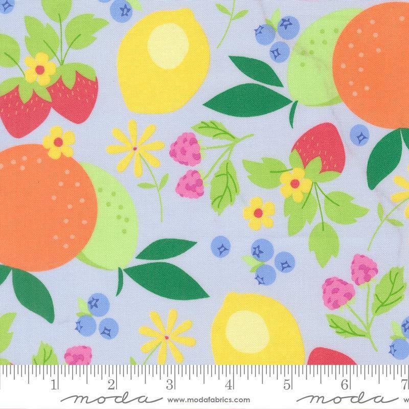 Image of Fruit Salad Fruits Light Blue quilting cotton fabric by Corey Yoder for Moda Fabrics. Features fruit on a blue background. Cute Little Fabric Shop.