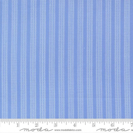Image of Fruit Salad Stripes Sky quilting cotton fabric by Corey Yoder for Moda Fabrics. Features stripes on a blue background. Cute Little Fabric Shop.