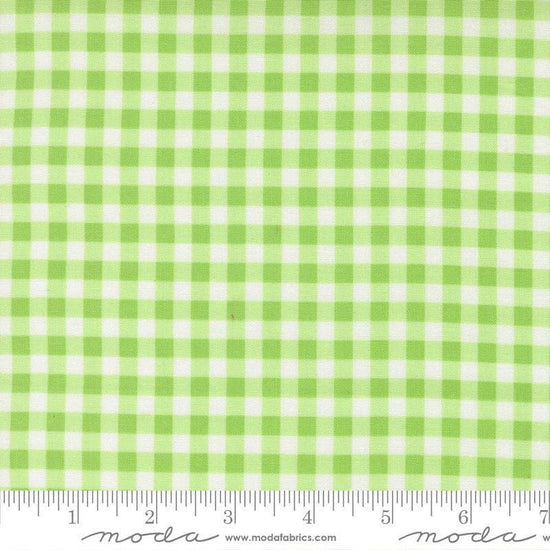 Image of Fruit Salad Gingham Lime quilting cotton fabric by Corey Yoder for Moda Fabrics. Features gingham on a green background. Cute Little Fabric Shop.