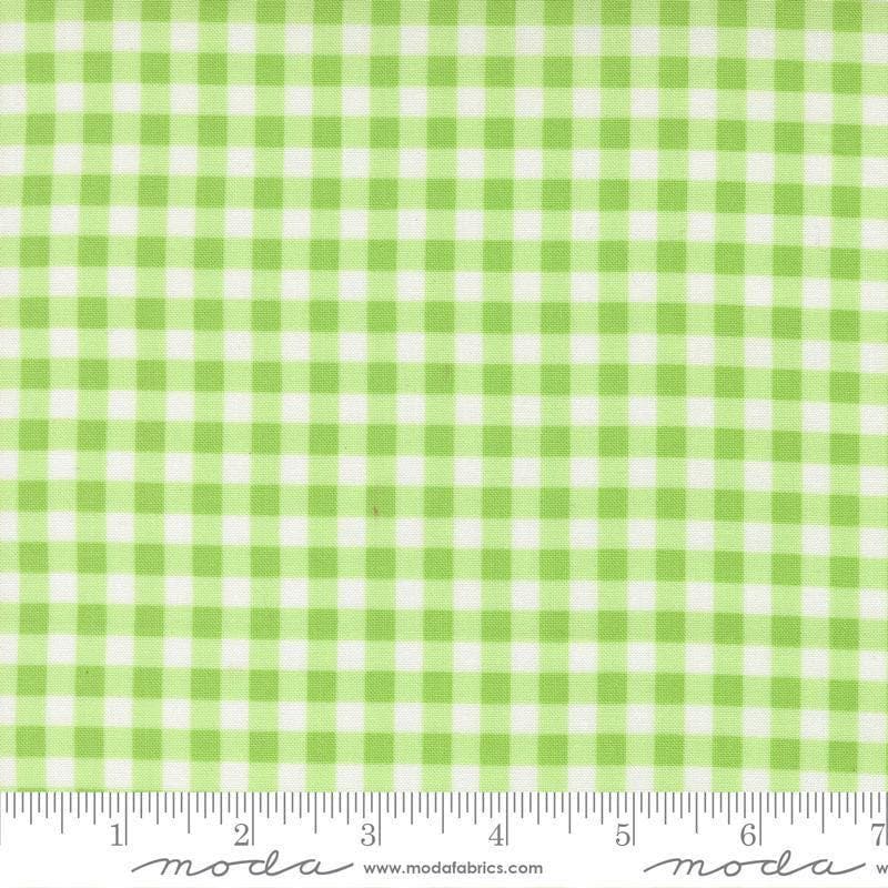 Image of Fruit Salad Gingham Lime quilting cotton fabric by Corey Yoder for Moda Fabrics. Features gingham on a green background. Cute Little Fabric Shop.