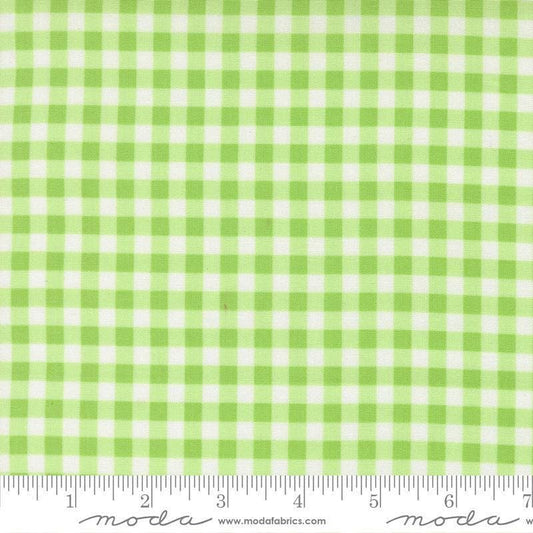 Image of Fruit Salad Gingham Lime quilting cotton fabric by Corey Yoder for Moda Fabrics. Features gingham on a green background. Cute Little Fabric Shop.