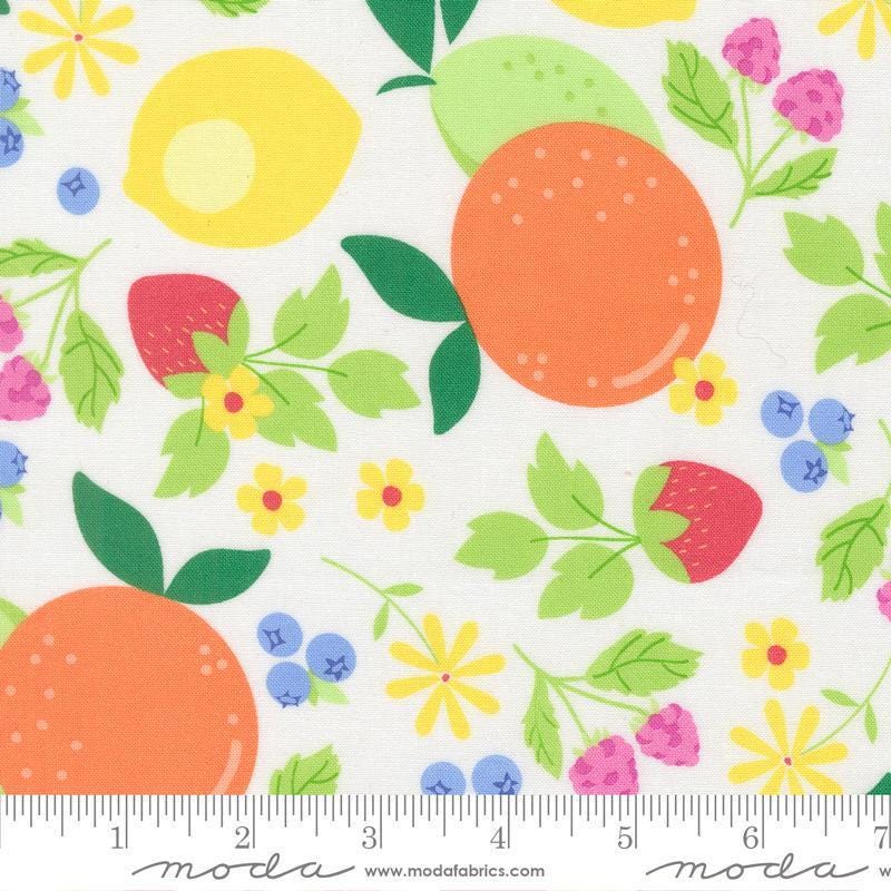 Image of Fruit Salad Fruits Off White quilting cotton fabric by Corey Yoder for Moda Fabrics. Features fruit on a white background. Cute Little Fabric Shop.