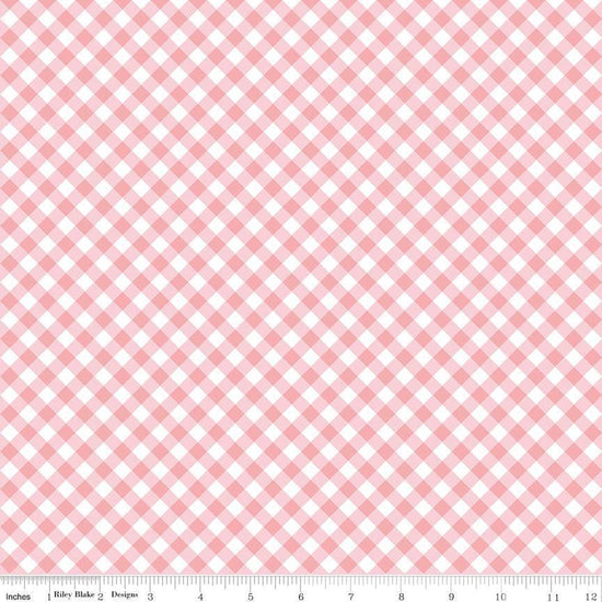 Image of Whimsical Woodland Diagonal Gingham Pink quilting cotton fabric by Tasha Noel for Riley Blake Designs. Features gingham on a pink background. Cute Little Fabric Shop.