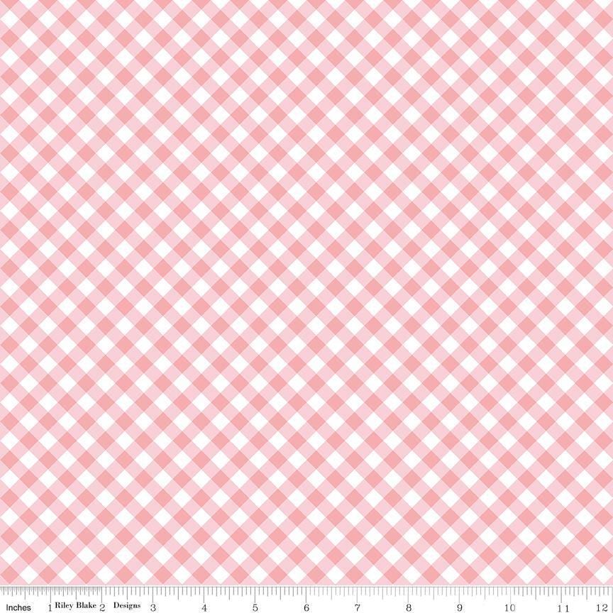 Image of Whimsical Woodland Diagonal Gingham Pink quilting cotton fabric by Tasha Noel for Riley Blake Designs. Features gingham on a pink background. Cute Little Fabric Shop.