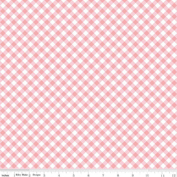 Image of Whimsical Woodland Diagonal Gingham Pink quilting cotton fabric by Tasha Noel for Riley Blake Designs. Features gingham on a pink background. Cute Little Fabric Shop.