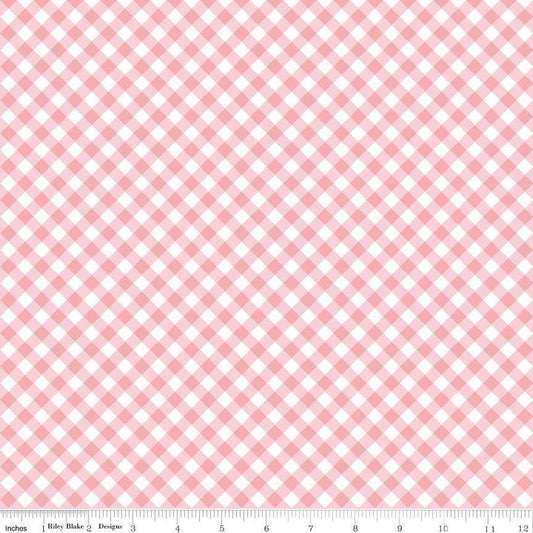 Image of Whimsical Woodland Diagonal Gingham Pink quilting cotton fabric by Tasha Noel for Riley Blake Designs. Features gingham on a pink background. Cute Little Fabric Shop.