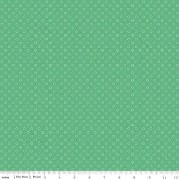 Image of Whimsical Woodland Circle Dots Green quilting cotton fabric by Tasha Noel for Riley Blake Designs. Features dots on a green background. Cute Little Fabric Shop.
