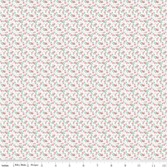 Image of Whimsical Woodland Mini Florals Pink quilting cotton fabric by Tasha Noel for Riley Blake Designs. Features flowers on a pink background. Cute Little Fabric Shop.