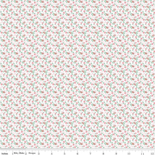 Image of Whimsical Woodland Mini Florals Pink quilting cotton fabric by Tasha Noel for Riley Blake Designs. Features flowers on a pink background. Cute Little Fabric Shop.