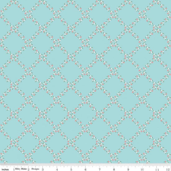 Image of Whimsical Woodland Lattice Aqua quilting cotton fabric by Tasha Noel for Riley Blake Designs. Features flowers on a blue background. Cute Little Fabric Shop.