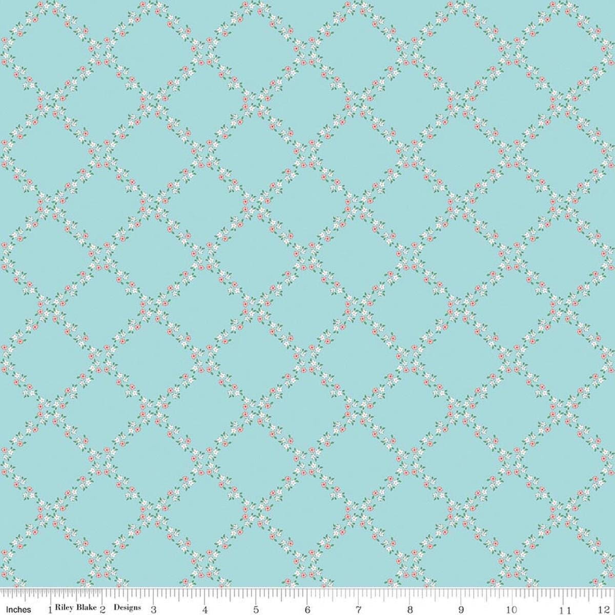 Image of Whimsical Woodland Lattice Aqua quilting cotton fabric by Tasha Noel for Riley Blake Designs. Features flowers on a blue background. Cute Little Fabric Shop.