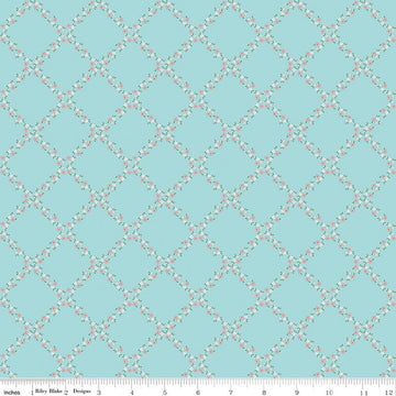 Image of Whimsical Woodland Lattice Aqua quilting cotton fabric by Tasha Noel for Riley Blake Designs. Features flowers on a blue background. Cute Little Fabric Shop.