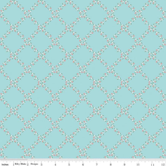 Image of Whimsical Woodland Lattice Aqua quilting cotton fabric by Tasha Noel for Riley Blake Designs. Features flowers on a blue background. Cute Little Fabric Shop.