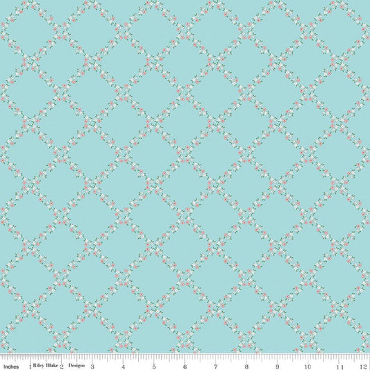 Image of Whimsical Woodland Lattice Aqua quilting cotton fabric by Tasha Noel for Riley Blake Designs. Features flowers on a blue background. Cute Little Fabric Shop.