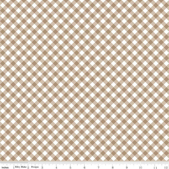 Image of Whimsical Woodland Diagonal Gingham Natural quilting cotton fabric by Tasha Noel for Riley Blake Designs. Features gingham on a brown background. Cute Little Fabric Shop.