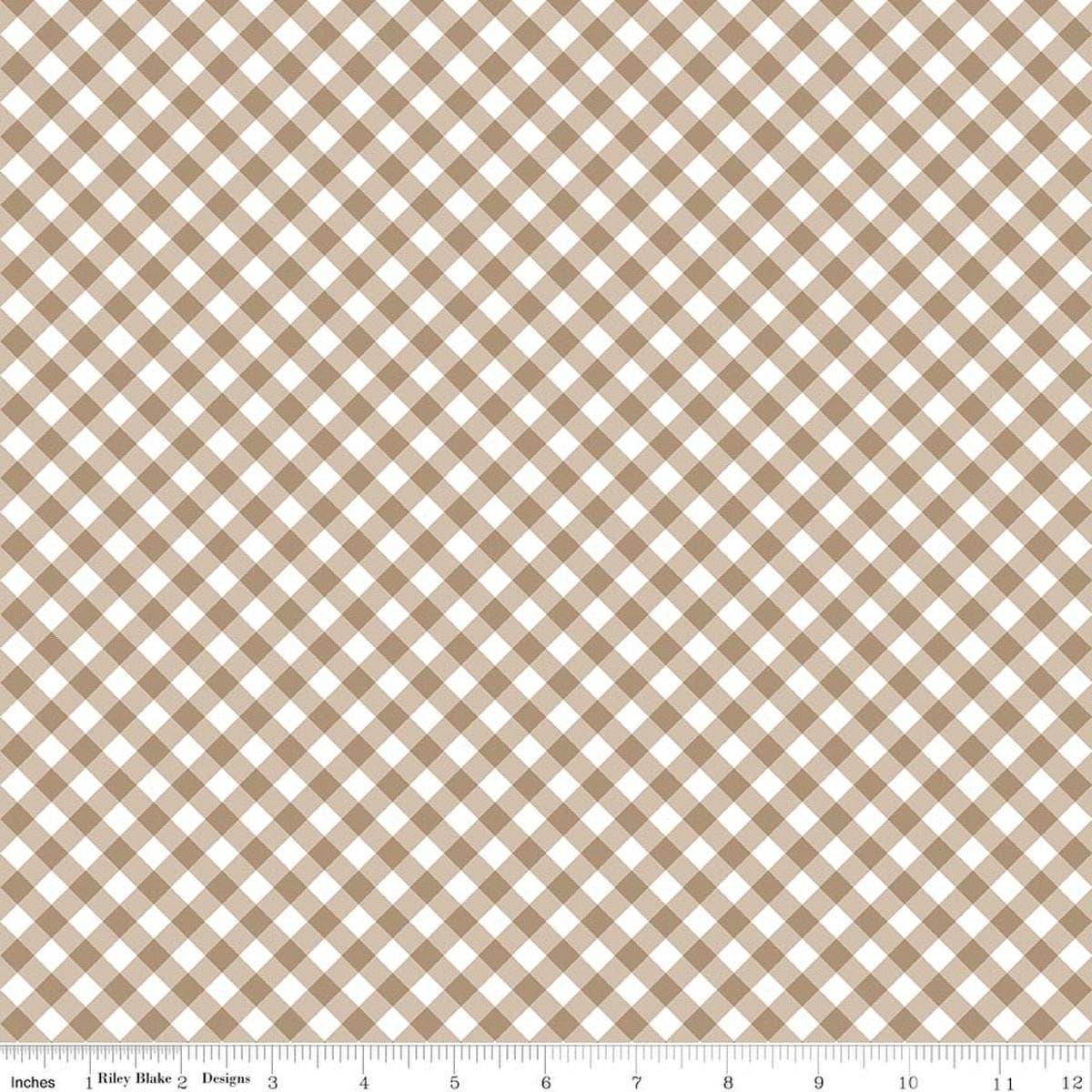 Image of Whimsical Woodland Diagonal Gingham Natural quilting cotton fabric by Tasha Noel for Riley Blake Designs. Features gingham on a brown background. Cute Little Fabric Shop.