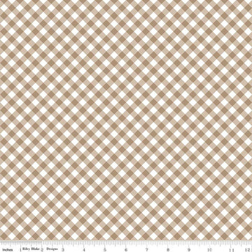 Image of Whimsical Woodland Diagonal Gingham Natural quilting cotton fabric by Tasha Noel for Riley Blake Designs. Features gingham on a brown background. Cute Little Fabric Shop.