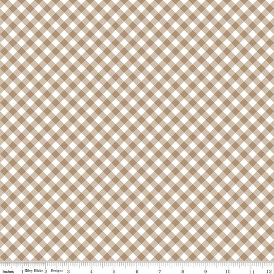 Image of Whimsical Woodland Diagonal Gingham Natural quilting cotton fabric by Tasha Noel for Riley Blake Designs. Features gingham on a brown background. Cute Little Fabric Shop.