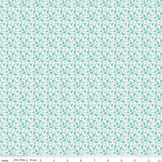 Image of Whimsical Woodland Mini Florals Aqua quilting cotton fabric by Tasha Noel for Riley Blake Designs. Features flowers on a blue background. Cute Little Fabric Shop.