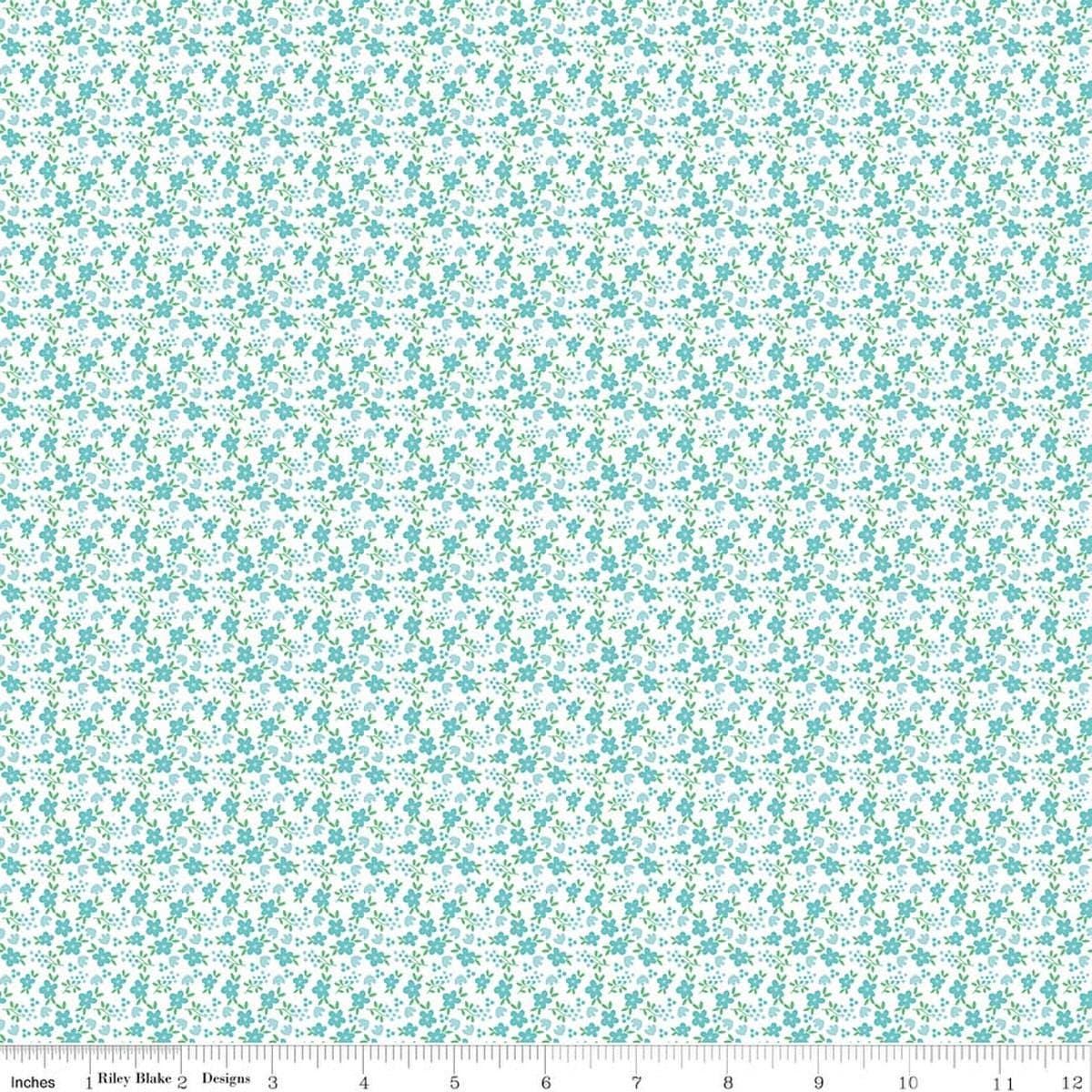Image of Whimsical Woodland Mini Florals Aqua quilting cotton fabric by Tasha Noel for Riley Blake Designs. Features flowers on a blue background. Cute Little Fabric Shop.