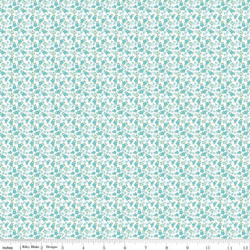 Image of Whimsical Woodland Mini Florals Aqua quilting cotton fabric by Tasha Noel for Riley Blake Designs. Features flowers on a blue background. Cute Little Fabric Shop.