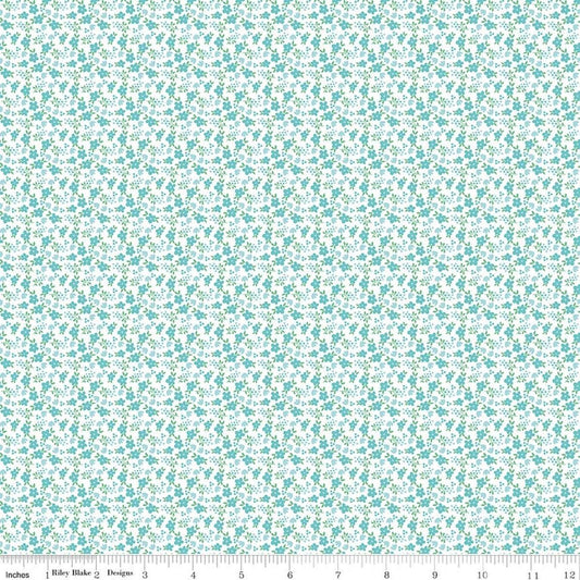 Image of Whimsical Woodland Mini Florals Aqua quilting cotton fabric by Tasha Noel for Riley Blake Designs. Features flowers on a blue background. Cute Little Fabric Shop.