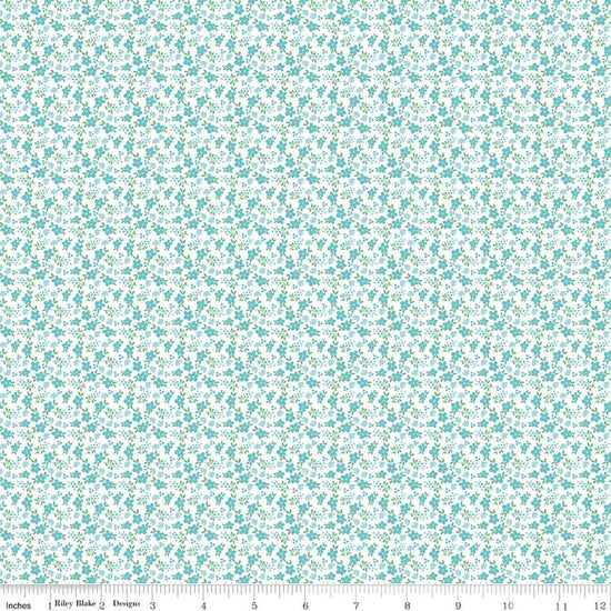 Image of Whimsical Woodland Mini Florals Aqua quilting cotton fabric by Tasha Noel for Riley Blake Designs. Features flowers on a blue background. Cute Little Fabric Shop.