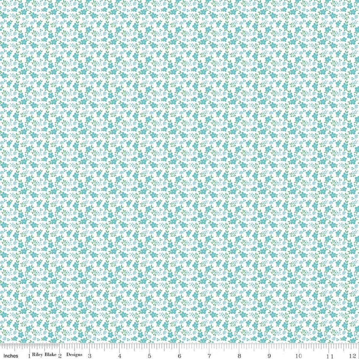 Image of Whimsical Woodland Mini Florals Aqua quilting cotton fabric by Tasha Noel for Riley Blake Designs. Features flowers on a blue background. Cute Little Fabric Shop.