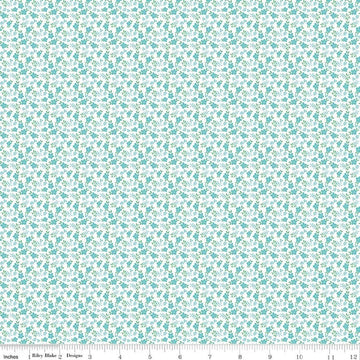 Image of Whimsical Woodland Mini Florals Aqua quilting cotton fabric by Tasha Noel for Riley Blake Designs. Features flowers on a blue background. Cute Little Fabric Shop.