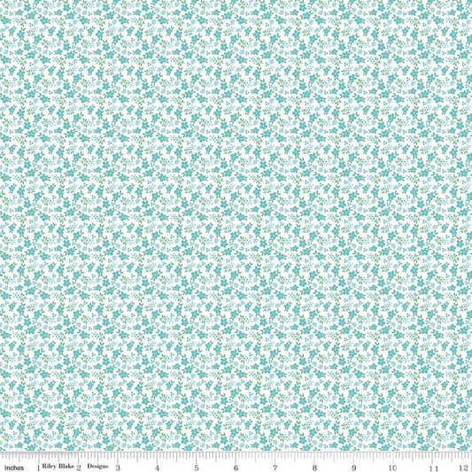 Image of Whimsical Woodland Mini Florals Aqua quilting cotton fabric by Tasha Noel for Riley Blake Designs. Features flowers on a blue background. Cute Little Fabric Shop.