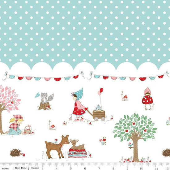 Image of Whimsical Woodland Border Print Aqua quilting cotton fabric by Tasha Noel for Riley Blake Designs. Features polka dots on a blue background. Cute Little Fabric Shop.