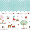 Image of Whimsical Woodland Border Print Aqua quilting cotton fabric by Tasha Noel for Riley Blake Designs. Features polka dots on a blue background. Cute Little Fabric Shop.