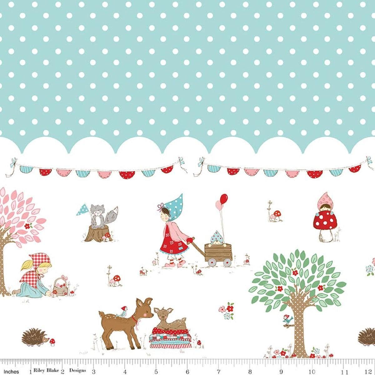 Image of Whimsical Woodland Border Print Aqua quilting cotton fabric by Tasha Noel for Riley Blake Designs. Features polka dots on a blue background. Cute Little Fabric Shop.