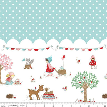 Image of Whimsical Woodland Border Print Aqua quilting cotton fabric by Tasha Noel for Riley Blake Designs. Features polka dots on a blue background. Cute Little Fabric Shop.