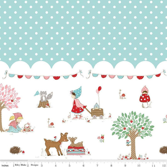 Image of Whimsical Woodland Border Print Aqua quilting cotton fabric by Tasha Noel for Riley Blake Designs. Features polka dots on a blue background. Cute Little Fabric Shop.