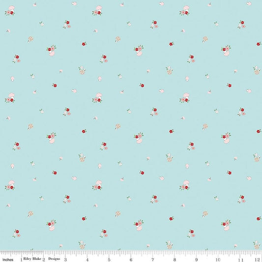 Image of Whimsical Woodland Mushrooms Aqua quilting cotton fabric by Tasha Noel for Riley Blake Designs. Features flowers on a blue background. Cute Little Fabric Shop.