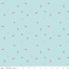 Image of Whimsical Woodland Mushrooms Aqua quilting cotton fabric by Tasha Noel for Riley Blake Designs. Features flowers on a blue background. Cute Little Fabric Shop.