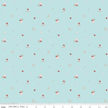 Image of Whimsical Woodland Mushrooms Aqua quilting cotton fabric by Tasha Noel for Riley Blake Designs. Features flowers on a blue background. Cute Little Fabric Shop.