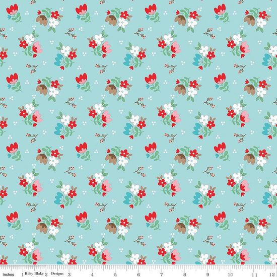 Image of Whimsical Woodland Floral Aqua quilting cotton fabric by Tasha Noel for Riley Blake Designs. Features flowers on a blue background. Cute Little Fabric Shop.